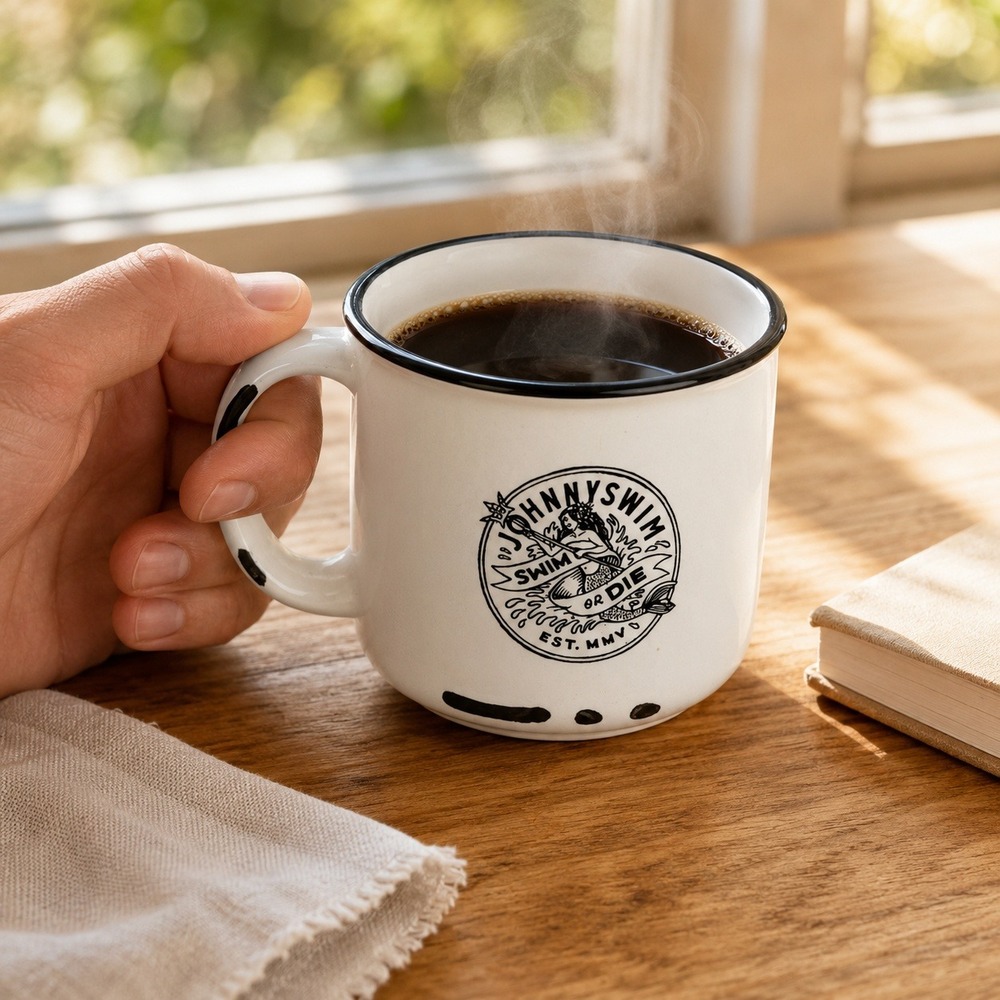 Johnnyswim Band Mug White‎ Ceramic Campfire Style Swim Or Die Mermaid Graphic